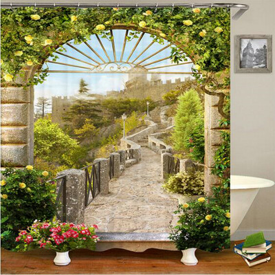 Europa Seoska kuća Kamena kuća Zavjesa za kupaonicu Zavjese za tuš Stara vrata Ruralna zgrada Krajolik Retro dekor Proizvodi za kupaonicu