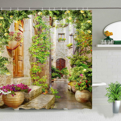 Europa Seoska kuća Kamena kuća Zavjesa za kupaonicu Zavjese za tuš Stara vrata Ruralna zgrada Krajolik Retro dekor Proizvodi za kupaonicu