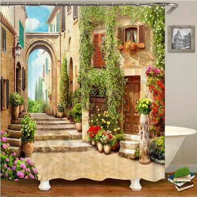 Europa Seoska kuća Kamena kuća Zavjesa za kupaonicu Zavjese za tuš Stara vrata Ruralna zgrada Krajolik Retro dekor Proizvodi za kupaonicu
