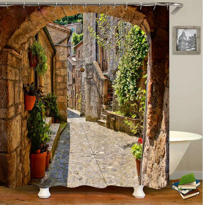 Europa Seoska kuća Kamena kuća Zavjesa za kupaonicu Zavjese za tuš Stara vrata Ruralna zgrada Krajolik Retro dekor Proizvodi za kupaonicu