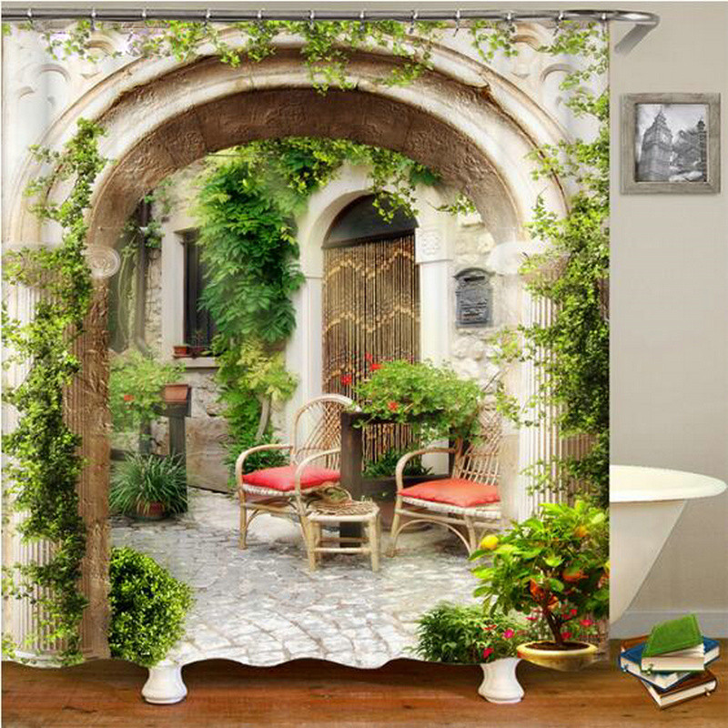 Europa Seoska kuća Kamena kuća Zavjesa za kupaonicu Zavjese za tuš Stara vrata Ruralna zgrada Krajolik Retro dekor Proizvodi za kupaonicu