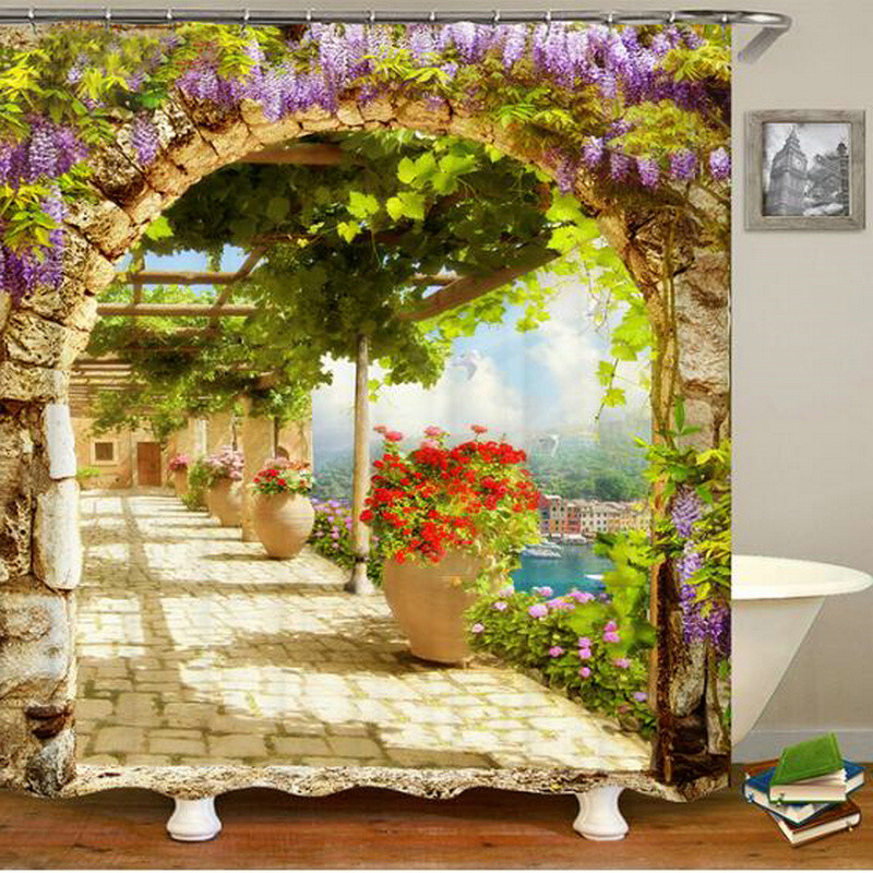 Europa Seoska kuća Kamena kuća Zavjesa za kupaonicu Zavjese za tuš Stara vrata Ruralna zgrada Krajolik Retro dekor Proizvodi za kupaonicu