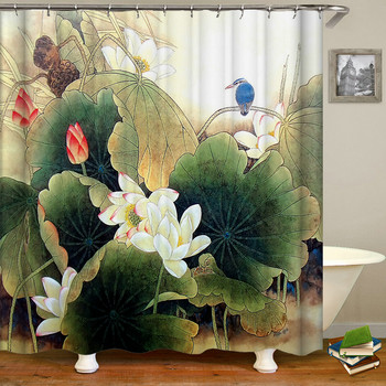 Цветя в китайски стил Птичи пейзажи Водоустойчива завеса за душ Завеси за баня 3d печат Баня с куки Миещ се екран