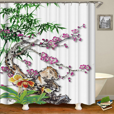 Kineski stil Cvijeće Pejzaž ptica Vodootporna zavjesa za tuš Zavjese za kupaonicu 3D ispis Kupaonica s kukama Zaslon od krpe koja se može prati