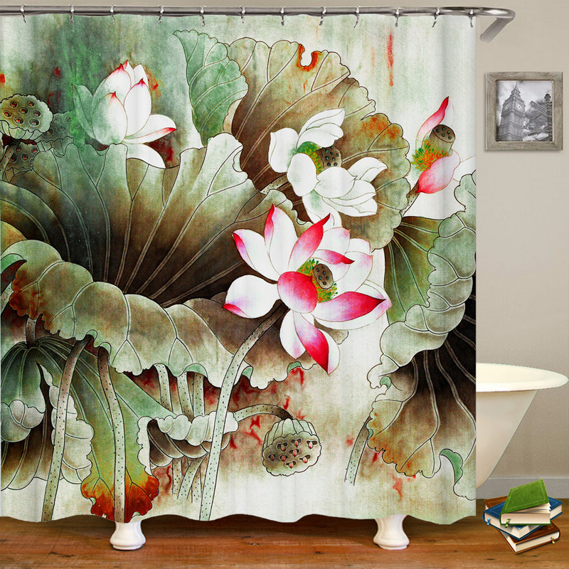 Kineski stil Cvijeće Pejzaž ptica Vodootporna zavjesa za tuš Zavjese za kupaonicu 3D ispis Kupaonica s kukama Zaslon od krpe koja se može prati