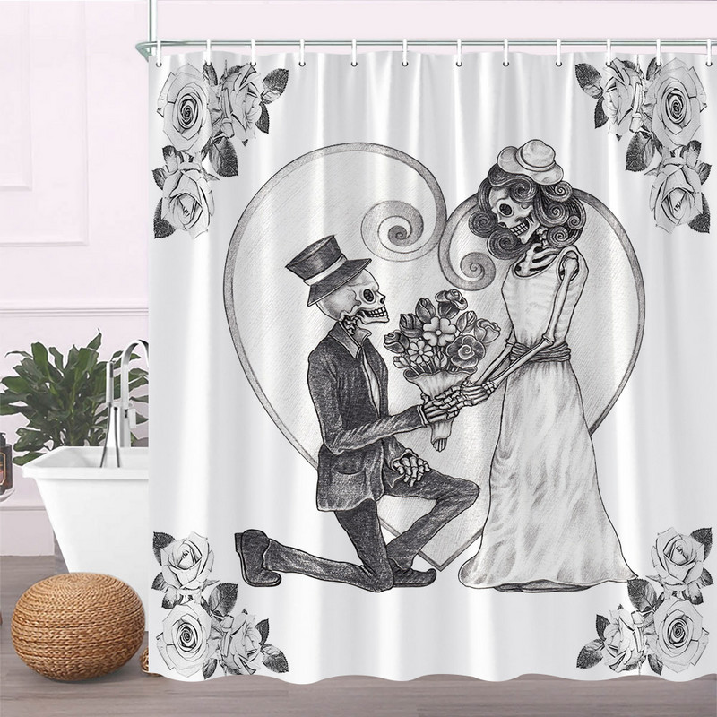 Zavjese za tuširanje u obliku šećerne lubanje Noć vještica Lobanje s cvijetom ruže Kreativne zavjese za kupanje za uređenje kućne kupaonice Tkanina koja se može prati