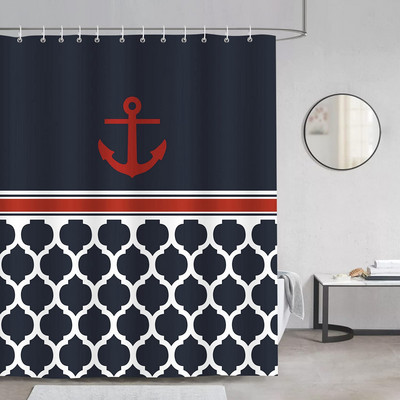 Zavjesa za tuš s tamnoplavim prugama s kukama Nautičko sidro Ukrasna kupaonska zavjesa Poliesterska tkanina Zavjese za kućnu kupaonicu