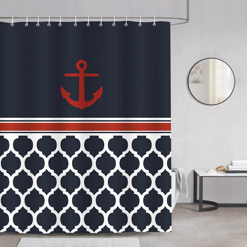 Zavjesa za tuš s tamnoplavim prugama s kukama Nautičko sidro Ukrasna kupaonska zavjesa Poliesterska tkanina Zavjese za kućnu kupaonicu