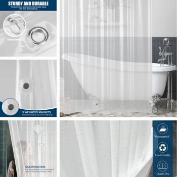 Висока прозрачна завеса за душ Водоустойчиви прозрачни завеси Подплата от плесен Пластмасови завеси за баня с куки Начало PEVA Декор за баня