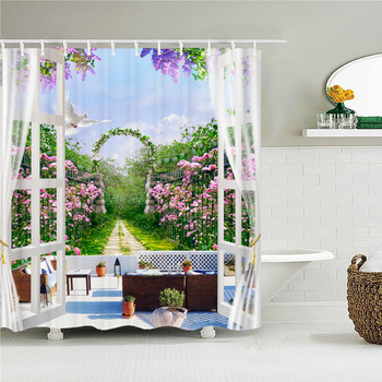 Flower Door Landscape Κουρτίνα ντους τρισδιάστατη εκτύπωση Φυτό κήπου Ειδυλλιακό σκηνικό αδιάβροχο ύφασμα Κουρτίνες μπλακάουτ υπνοδωματίου μπάνιου