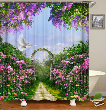 Flower Door Landscape Κουρτίνα ντους τρισδιάστατη εκτύπωση Φυτό κήπου Ειδυλλιακό σκηνικό αδιάβροχο ύφασμα Κουρτίνες μπλακάουτ υπνοδωματίου μπάνιου