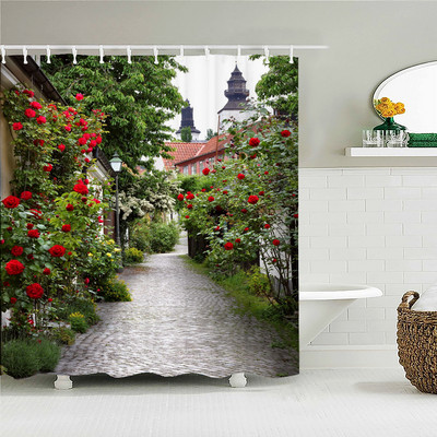 Cvjetna vrata Pejzažna zavjesa za tuš 3D ispis Vrtna biljka Idilični krajolik Vodootporna tkanina Kupaonica Spavaća soba Zavjese za zamračivanje