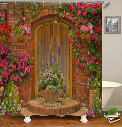 Cvjetna vrata Pejzažna zavjesa za tuš 3D ispis Vrtna biljka Idilični krajolik Vodootporna tkanina Kupaonica Spavaća soba Zavjese za zamračivanje