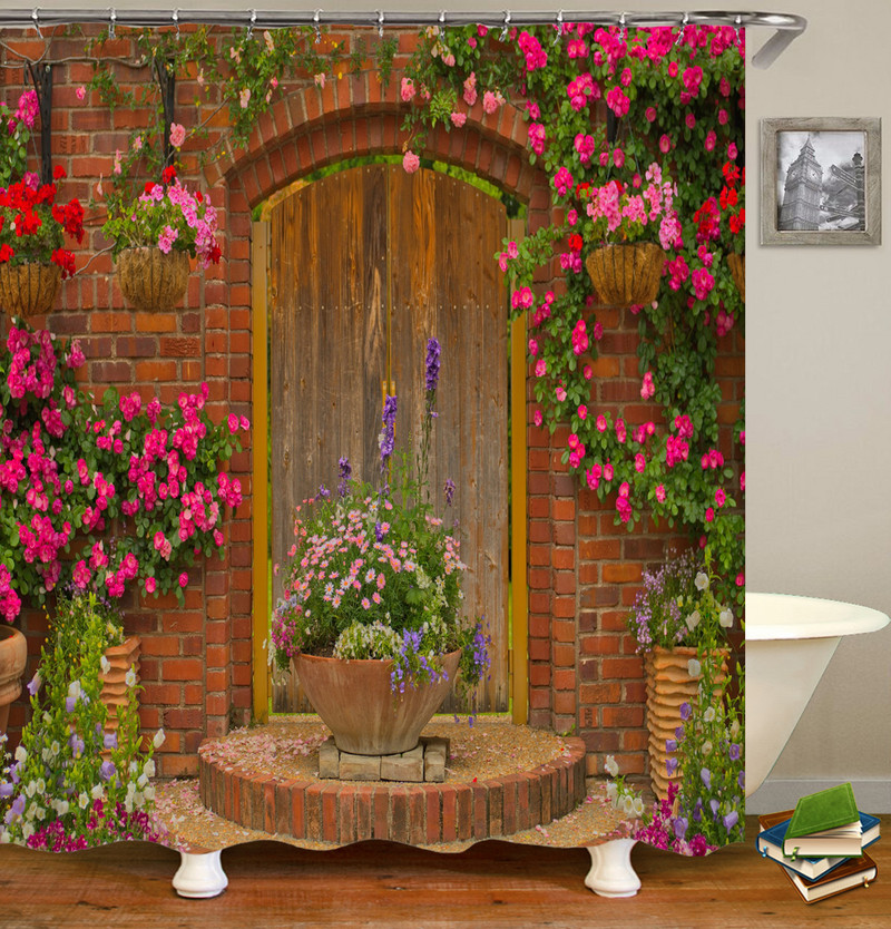 Cvjetna vrata Pejzažna zavjesa za tuš 3D ispis Vrtna biljka Idilični krajolik Vodootporna tkanina Kupaonica Spavaća soba Zavjese za zamračivanje