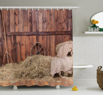 Рустик дървен декор на вратата на плевнята Завеса за душ за баня Западна провинциална тема Реколта Комплект завеси за баня на врата на селска ферма