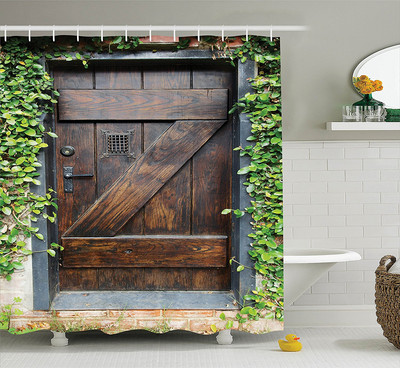 Rustikalna drvena dekoracija na vratima staje zavjesa za kupaonicu, set zavjesa za kupaonicu na seoskoj seoskoj temi Vintage