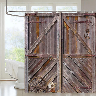 Rustikalna drvena dekoracija na vratima staje zavjesa za kupaonicu, set zavjesa za kupaonicu na seoskoj seoskoj temi Vintage