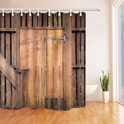 Rustikalna drvena dekoracija na vratima staje zavjesa za kupaonicu, set zavjesa za kupaonicu na seoskoj seoskoj temi Vintage