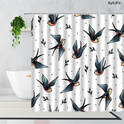 Jednostavne zavjese za tuširanje s pticama iz crtića, crne vintage tetovaže iz stare škole, lastavice, vodootporna poliesterska zavjesa za kadu Cortina