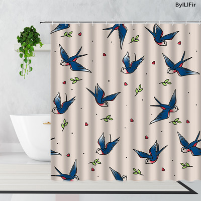 Jednostavne zavjese za tuširanje s pticama iz crtića, crne vintage tetovaže iz stare škole, lastavice, vodootporna poliesterska zavjesa za kadu Cortina