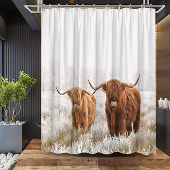 Highland Cow Завеси за душ Хамбар Вятърни мелници Западна дива природа Животно Бик Портрет Комплект завеси за душ Завеса за баня с куки
