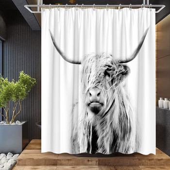 Highland Cow Завеси за душ Хамбар Вятърни мелници Западна дива природа Животно Бик Портрет Комплект завеси за душ Завеса за баня с куки