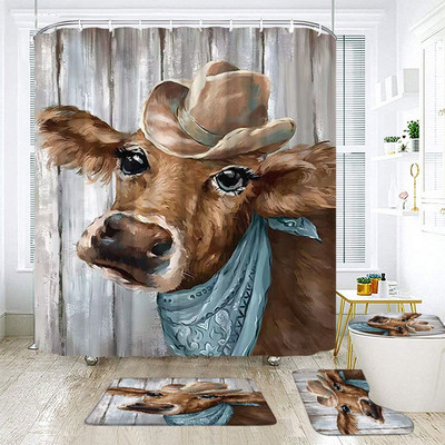 Hailendas govs dušas aizkari kūts vējdzirnavas Rietumu savvaļas dzīvnieki Dzīvnieki Bull portrets dušas aizkaru komplekts Vannas istabas aizkari ar āķiem