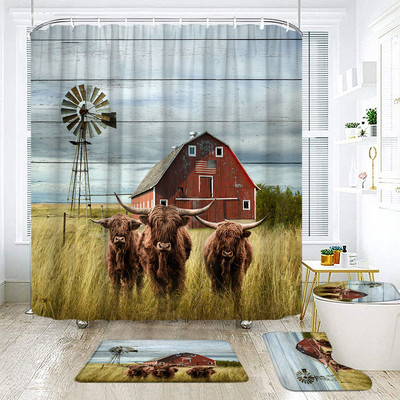Hailendas govs dušas aizkari kūts vējdzirnavas Rietumu savvaļas dzīvnieki Dzīvnieki Bull portrets dušas aizkaru komplekts Vannas istabas aizkari ar āķiem