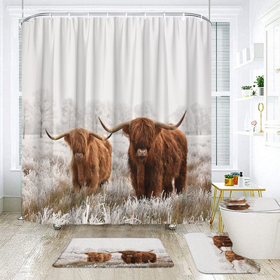 Hailendas govs dušas aizkari kūts vējdzirnavas Rietumu savvaļas dzīvnieki Dzīvnieki Bull portrets dušas aizkaru komplekts Vannas istabas aizkari ar āķiem