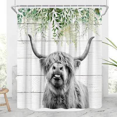 Hailendas govs dušas aizkari kūts vējdzirnavas Rietumu savvaļas dzīvnieki Dzīvnieki Bull portrets dušas aizkaru komplekts Vannas istabas aizkari ar āķiem