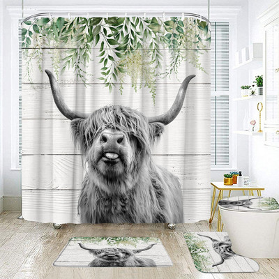 Hailendas govs dušas aizkari kūts vējdzirnavas Rietumu savvaļas dzīvnieki Dzīvnieki Bull portrets dušas aizkaru komplekts Vannas istabas aizkari ar āķiem