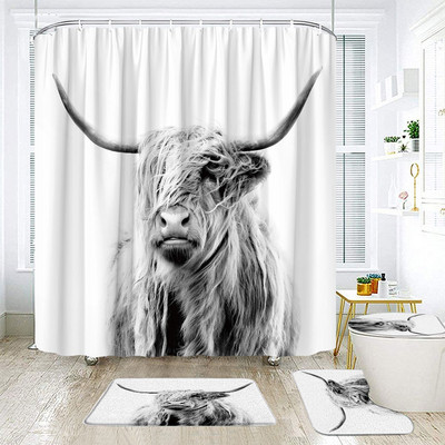 Hailendas govs dušas aizkari kūts vējdzirnavas Rietumu savvaļas dzīvnieki Dzīvnieki Bull portrets dušas aizkaru komplekts Vannas istabas aizkari ar āķiem