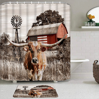 Hailendas govs dušas aizkari kūts vējdzirnavas Rietumu savvaļas dzīvnieki Dzīvnieki Bull portrets dušas aizkaru komplekts Vannas istabas aizkari ar āķiem