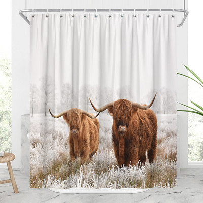 Hailendas govs dušas aizkari kūts vējdzirnavas Rietumu savvaļas dzīvnieki Dzīvnieki Bull portrets dušas aizkaru komplekts Vannas istabas aizkari ar āķiem