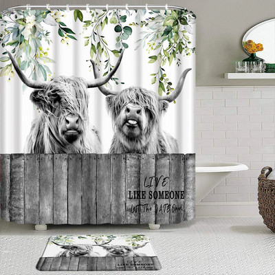 Hailendas govs dušas aizkari kūts vējdzirnavas Rietumu savvaļas dzīvnieki Dzīvnieki Bull portrets dušas aizkaru komplekts Vannas istabas aizkari ar āķiem