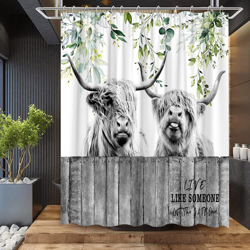 Hailendas govs dušas aizkari kūts vējdzirnavas Rietumu savvaļas dzīvnieki Dzīvnieki Bull portrets dušas aizkaru komplekts Vannas istabas aizkari ar āķiem