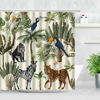 Κουρτίνες μπάνιου με τροπικό φυτό Bird Monkey Zebra Leopard Wild Animals Trees 3D Print Σετ κουρτινών μπάνιου αδιάβροχη οθόνη μπάνιου
