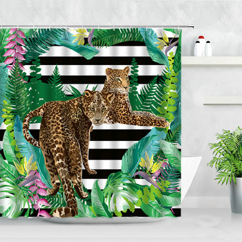 Κουρτίνες μπάνιου με τροπικό φυτό Bird Monkey Zebra Leopard Wild Animals Trees 3D Print Σετ κουρτινών μπάνιου αδιάβροχη οθόνη μπάνιου