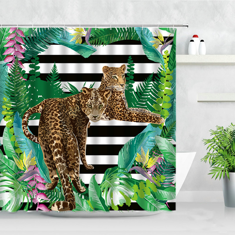 Tropu augu dušas aizkari putnu pērtiķis zebra leopards savvaļas dzīvnieki koki 3D druka ūdensizturīgs vannas ekrāns vannas istabas aizkaru komplekts