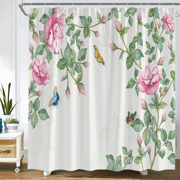 Цветя Завеси за душ Птица Колибри с естествени розови цветя, Декор за баня Полиестерна тъкан Завеса за вана с кукички