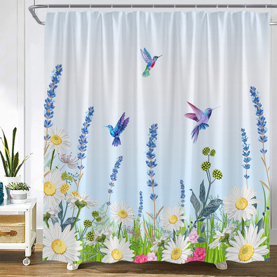Ziedi Dušas aizkari Putnu Kolibri ar dabīgiem rozā ziediem, Vannas istabas dekors Poliestera audums Vannas aizkars ar āķiem
