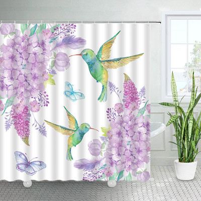 Ziedi Dušas aizkari Putnu Kolibri ar dabīgiem rozā ziediem, Vannas istabas dekors Poliestera audums Vannas aizkars ar āķiem