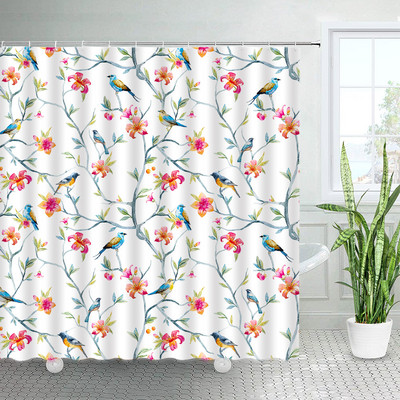Ziedi Dušas aizkari Putnu Kolibri ar dabīgiem rozā ziediem, Vannas istabas dekors Poliestera audums Vannas aizkars ar āķiem