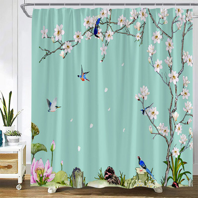 Ziedi Dušas aizkari Putnu Kolibri ar dabīgiem rozā ziediem, Vannas istabas dekors Poliestera audums Vannas aizkars ar āķiem