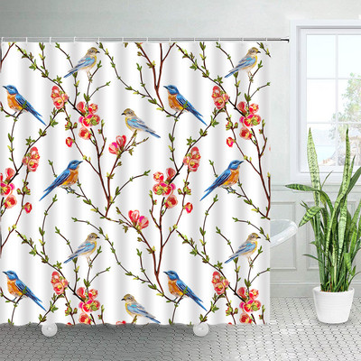 Ziedi Dušas aizkari Putnu Kolibri ar dabīgiem rozā ziediem, Vannas istabas dekors Poliestera audums Vannas aizkars ar āķiem