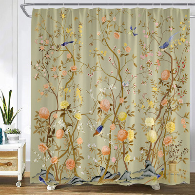 Ziedi Dušas aizkari Putnu Kolibri ar dabīgiem rozā ziediem, Vannas istabas dekors Poliestera audums Vannas aizkars ar āķiem