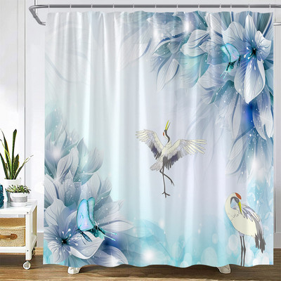 Ziedi Dušas aizkari Putnu Kolibri ar dabīgiem rozā ziediem, Vannas istabas dekors Poliestera audums Vannas aizkars ar āķiem