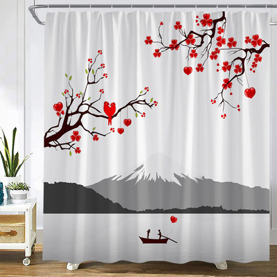 Ziedi Dušas aizkari Putnu Kolibri ar dabīgiem rozā ziediem, Vannas istabas dekors Poliestera audums Vannas aizkars ar āķiem