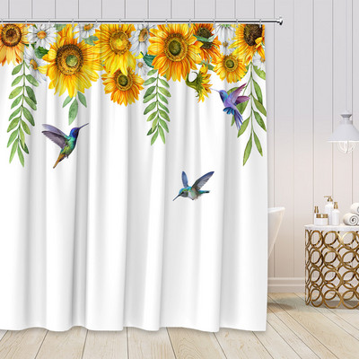 Ziedi Dušas aizkari Putnu Kolibri ar dabīgiem rozā ziediem, Vannas istabas dekors Poliestera audums Vannas aizkars ar āķiem