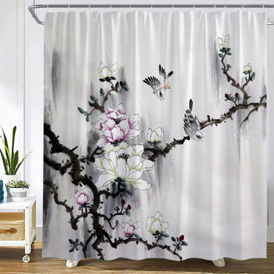 Ziedi Dušas aizkari Putnu Kolibri ar dabīgiem rozā ziediem, Vannas istabas dekors Poliestera audums Vannas aizkars ar āķiem